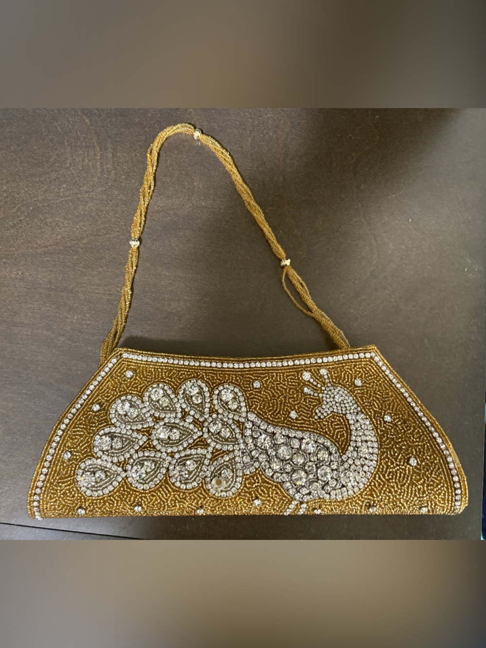 Gold Beaded Evening Clutch with Crystal Peacock Detail